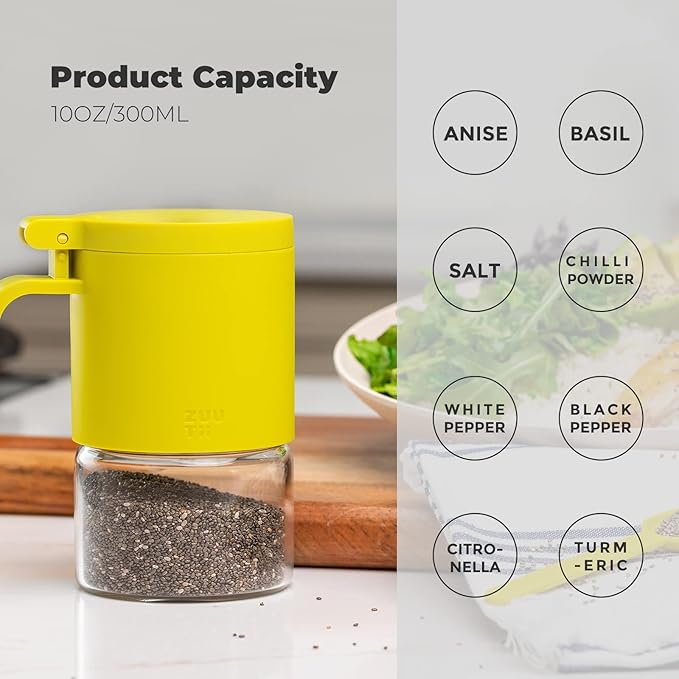 Zuutii Glass Spice Jars Moisture-Proof Spice Containers with Spoons, Set of 2 10oz Spice Bottles, Mini Seasoning Storage Jars with Flapper Caps for Salt, Sugar, Peppers, Chili in Kitchen