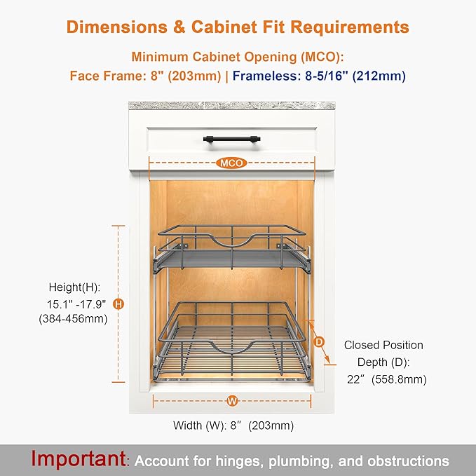 ALINE FURNITURE 2-Tier Pull Out Cabinet Organizer - 8" W x 22" D Soft Close Pullout Shelves for Kitchen Cabinets - Slide Out Drawers, Heavy Duty Steel Wire