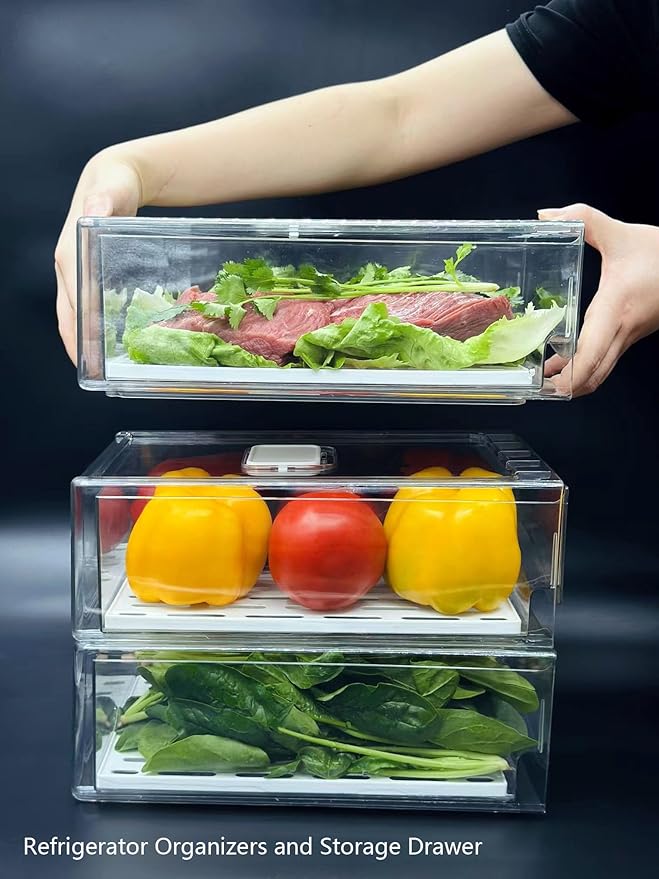 Refrigerator Organizers and Storage Drawer, Stackable Fruit Storage Containers for Fridge, Reusable Fridge Organizer fit for Kitchen Refrigerator and Restaurant Freezer (2 Drawers, Large)