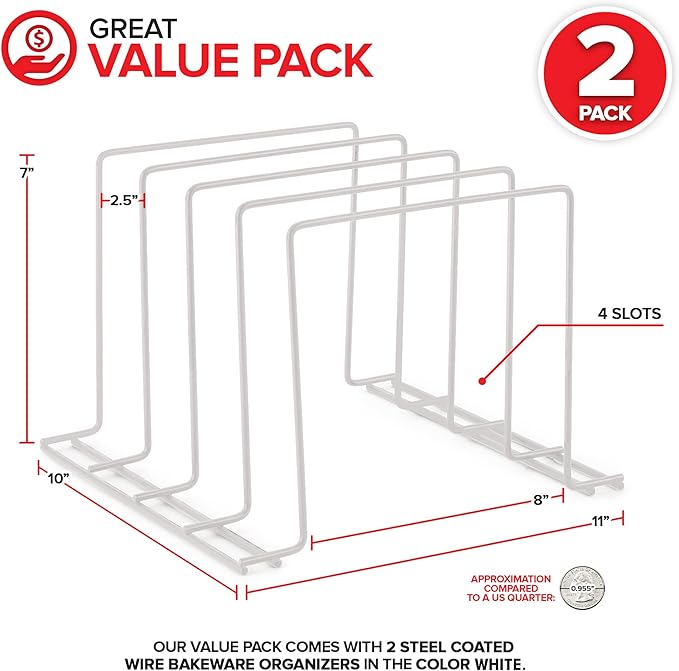 Stock Your Home White (2 Pack) Steel Baking Pan Organizer Rack for Cabinet or Counter, Holder for Kitchen Cutting Boards, Pot Lids, or Cookie Sheets - Rust Proof Wire, Drying Storage