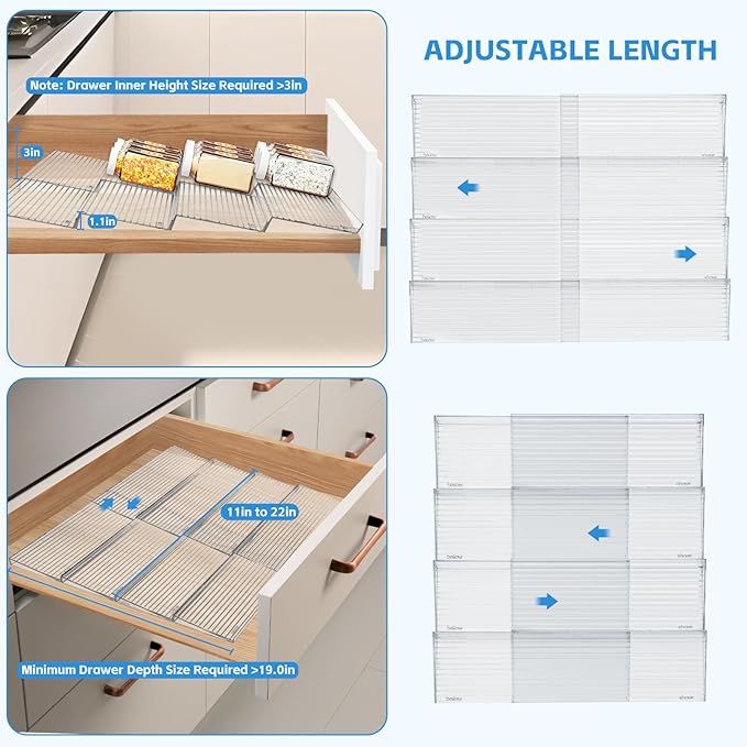 Clear Acrylic Spice Drawer Organizer, 4 Tier- 8 Pcs Spice Organization for Cabinet, Seasoning Organizer, Spice Rack for Drawer, Spice Drawer Expandable From 11'' to 22''