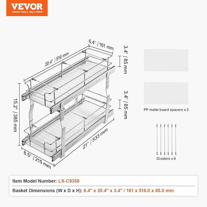 VEVOR 8.5"W x 21"D Pull Out Cabinet Organizer, Heavy Duty Slide Out Pantry Shelves, Chrome-Plated Steel Roll Out Drawers, Sliding Drawer Storage for Home, Inside Kitchen Cabinet, Bathroom, Under Sink