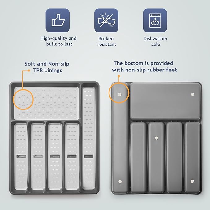 Silverware Organizer with Cutlery Icons,Silverware Tray for Kitchen Drawer,Plastic Flatware Tableware Cultery Drawer Organizer Utensil Organizer with Non-slip TPR Linings,6-Compartment
