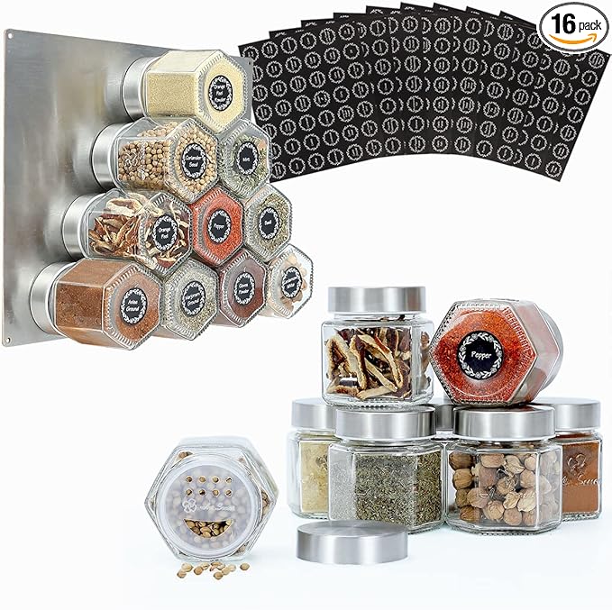 16-Pack Magnetic Hexagon Spice Jars with Upgraded Sealed Magnet Lids, Stainless Steel Wall-Plate, Inner Sifter Pour Insert, and 394 Labels - 4 oz Glass Jars for Kitchen, Pantry, RV (Patented Design)