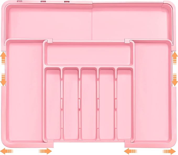 Silverware Organizer Expandable Kitchen Utensil Drawer Organizer Large BPA Free Adjustable Cutlery Silverware Tray for Spoons Forks Knives Storage Divider for Kitchen Flatware 6-9 Slots Pink