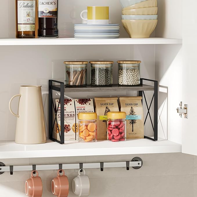 Giikin Kitchen Countertop Organizer, Wood Desk Shelf Riser, Gray Spice Rack for Kitchen Counter, Countertop, Cabinet (15.7 Inches, Gray)