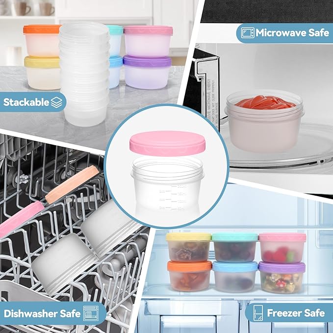Small Containers with Lids, Reusable Plastic Bowls for Snack and Puree, Salad Dressing Container to Go, Deli, Sauce, Freezer Condiment Containers, Dishwasher Safe (colorful,6 pack, 10 oz)