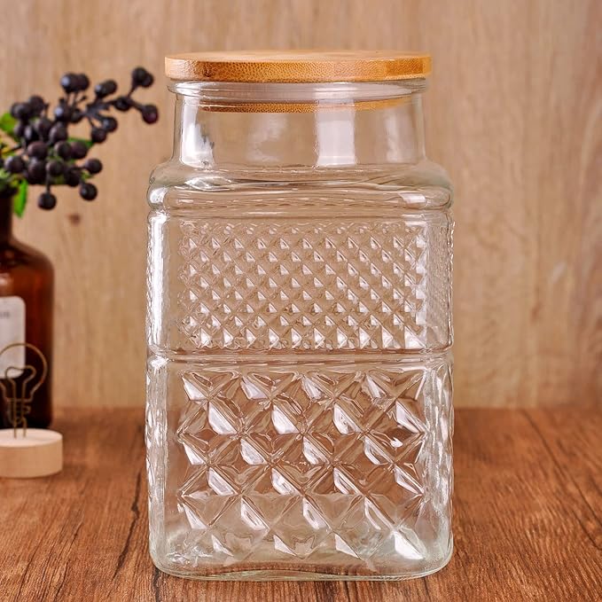 WHJY Glass Storage Container with Lid, Airtight Glass Jars, Farmhouse Tea Canister, Dog Treat Jar for Pet, Glass Candy Cookies Coffee Canister Jar Bath Salt Container - Square 67 oz