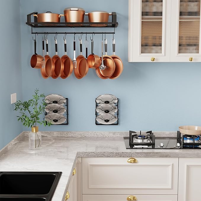 X-cosrack Hanging Pot Rack,Wall Mounted Pot and Pan Organizer with 12 S Hooks,Pot Hangers for Kitchen,Pots Pans Lids Organizer Cookware Hanging Shelves,Equipped with Anti-drop Enlarged Expansion Plugs