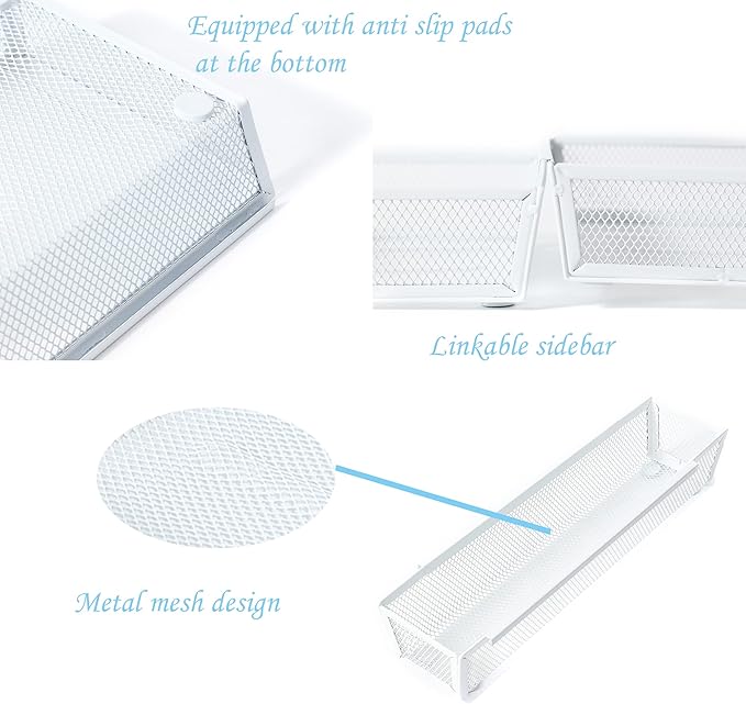 Mesh Tray Kitchen Drawer Utensil Cutlery Tray Office Supplies with Inter-locking Arm Drawer Dividers Organizer for Silverware, Flatware, Home,Office, School,Bedroom(12"X3"6pack) White