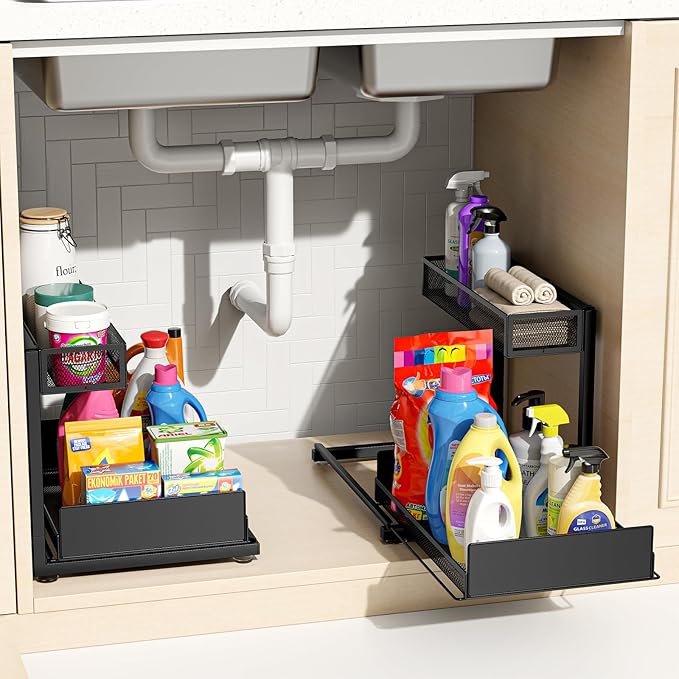 2 Pack Under Sink Organizer and Storage, 2 Tier Pull Out Cabinet Organizer, Slide Out Under Sink Storage Shelf, Undersink Organizers Shelves for Kitchen Bathroom Pantry Organization (Black)
