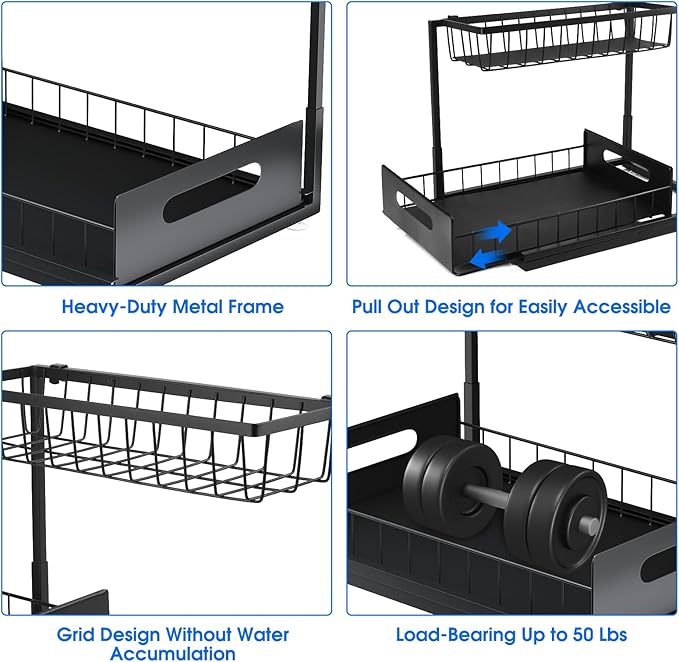 Under Sink Organizer, 2 Tier Under Sink Organizers and Storage Multi-Purpose Under Sink Storage for Bathroom Kitchen (Black)