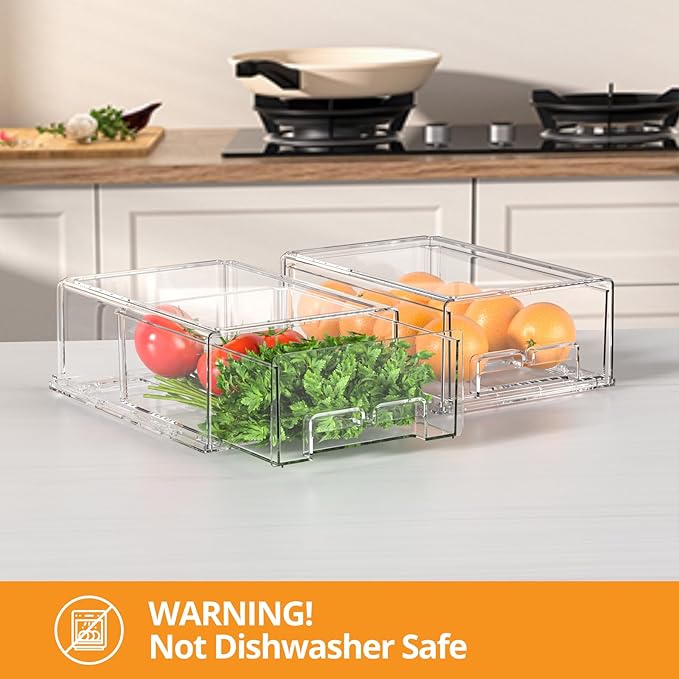 Clear Stackable Storage Drawers - 2 Pack Refrigerator Drawers for Refrigerator Organizers and Storage, Fridge Drawer Organizer for Fruit and Veggie Storage, Acrylic Storage Drawers Pull Out Bin