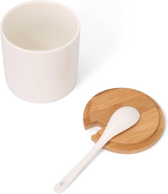 Lucky Goddness June Sky Ceramic Food Storage Containers with Bamboo Lid- Modern Design Porcelain Jar- Perfect Canister for Sugar Bowl Serving Tea, Coffee, Spice- Condiment Pot 8 oz, white