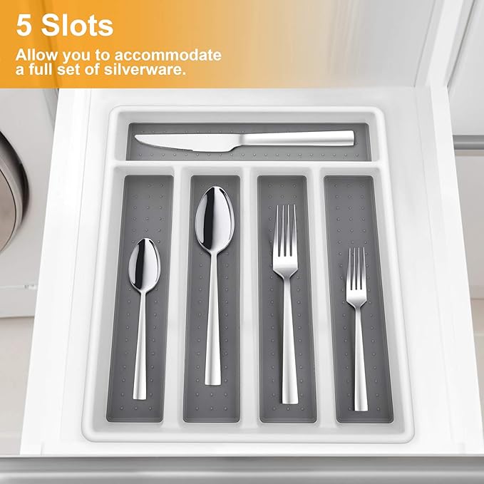 E-far Silverware Organizer, Plastic Cutlery Flatware Tray for Drawer, Utensil Tableware Holder/Divider for Kitchen with 5 Compartment & Non-slip Rubber Grips, 12.6 x 11.4-Inch, Grey
