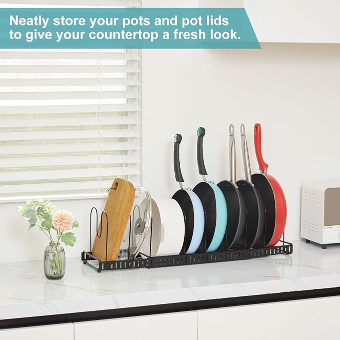 X-cosrack 15 Adjustable Dividers Pot and Pan Organizer Rack, 7"D x 32"W x 7.1"H, 3 in 1, Expandable Lid Bakeware Cupboard Rack Holder for Kitchen Cabinet Pantry Countertop, Black (Patent Pending)