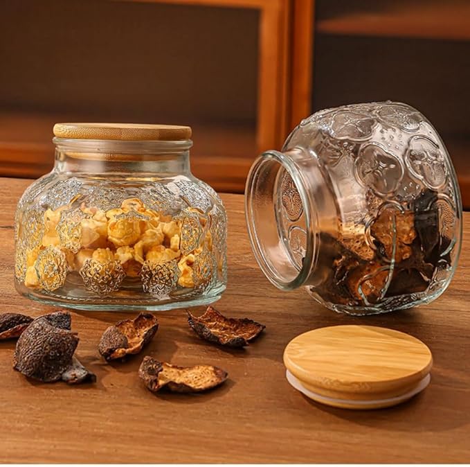 Vintage Glass Decorative Jar, 25.4 FL OZ Glass Food Storage Containers, Sugar Bowl, Kitchen Airtight Glass Jar for Candy Snack Cookies Coffee Tea Nuts (begonia), transparent