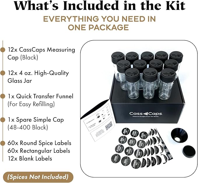 Glass Spice Jars & Measuring Caps Set - Twist Cap Measures 1/4 Tsp Container Keeps Spices Fresh & Organized - 4oz Spice Jars with Lids Includes Labels & Funnel -12 Pack