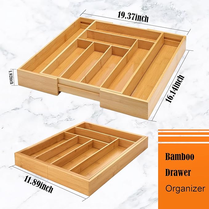 Expandable Bamboo Silverware Drawer Organizer for kitchen, bamboo drawer organizer of 8 Compartments, Flatware and Kitchen Utensils organizer(Natural)