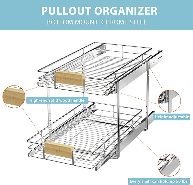 LOVMOR 2 Tier Pull Out Cabinet Organizer 13½" W x 21½" D, Slide Out Drawers with Wooden Handle, Sliding Shelves Organization and Storage for Kitchen, Pantry