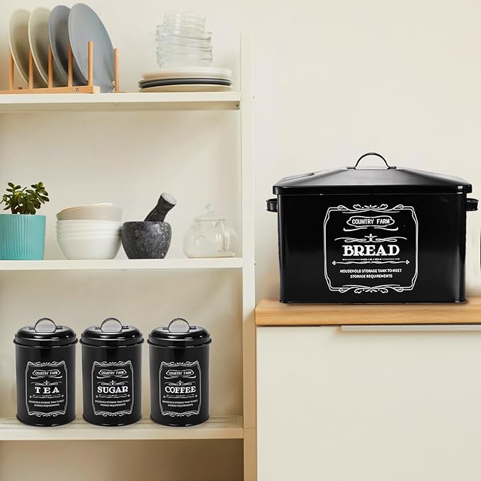 yarlung Metal Bread Box with 3 Kitchen Canisters Set, Large Black Farmhouse Bread Tin for Kitchen Countertop, Coffee Tea Sugar Canister with Lid for Pantry Organizer Home Storage
