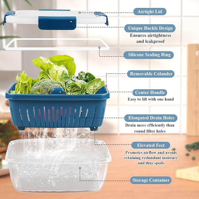 shopwithgreen 68oz Berry Keeper Fruit Storage Container for Fridge, Fresh Food Produce Saver Containers with Removable Drain Colanders, Vegetable Lettuce Keeper Bowl, Refrigerator Organizer, 3 Pack