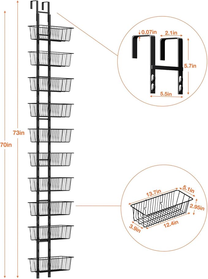 10 Tier Over the Door Pantry Organizer, Over the Door Spice Rack with Adjustable Baskets, Metal Hanging Door Pantry Organizers and Storage for Kitchen Bathroom Bedroom, Black