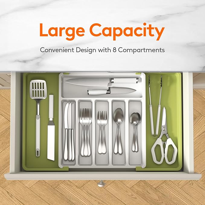 Lifewit Silverware Drawer Organizer, Expandable Utensil Tray for Kitchen, BPA Free Flatware and Cutlery Holder, Adjustable Plastic Storage for Spoons Forks Knives, 2 Pack, Green&White
