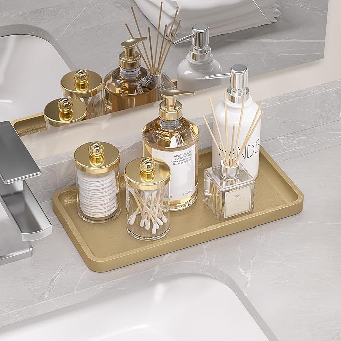 Weenson Gold Bathroom Vanity Tray for Countertop Perfume Makeup Jewelry Decor Candle, Bamboo Kitchen Tray for Soap Dispenser Spice Coffee, Toilet Tank Tray 11.81”L x 6.1”W x 0.79”H