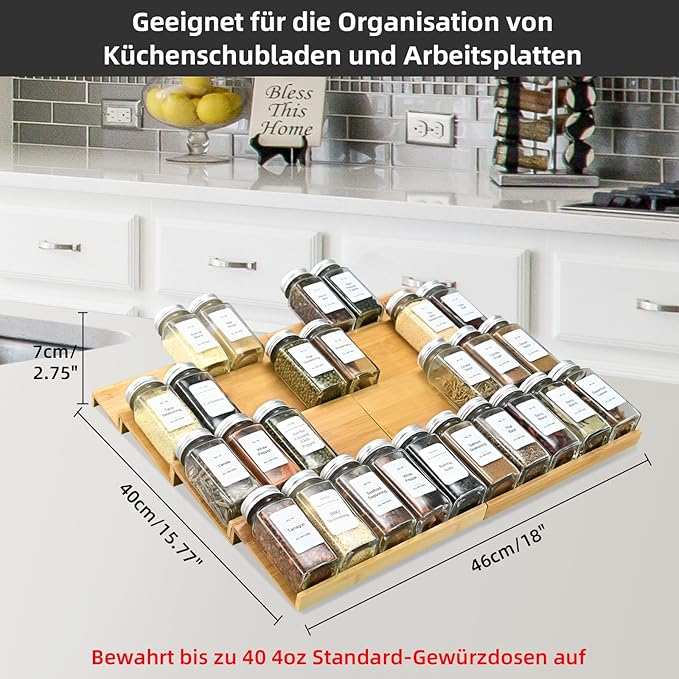Spice Drawer Organzier,4 Tiers- 8Pcs Bamboo Spice Rack Tray Insert for Cabinet Drawer Countertop, Kitchen Seasoning Storage Drawer Organization,18" Wide x 15.8" Deep (Hold UP To 40 Jars