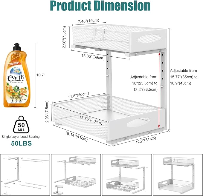 2 Pack Large Under Sink Organizer, 2 Tier Metal Pull Out Under Sink Storage with Sliding Mesh Drawers, Height Adjustable Slide Out Under Cabinet Organizer for Kitchen Bathroom, White