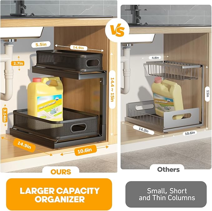 2-Pack Under Sink Storage Organizer With 2-Tier Slide Out Drawer, Sophisticated Mesh Pull Out Shelf For Kitchen & Bathroom, Fits Small Items, Upgraded Arched Track For Smooth Gliding,Height Adjustable