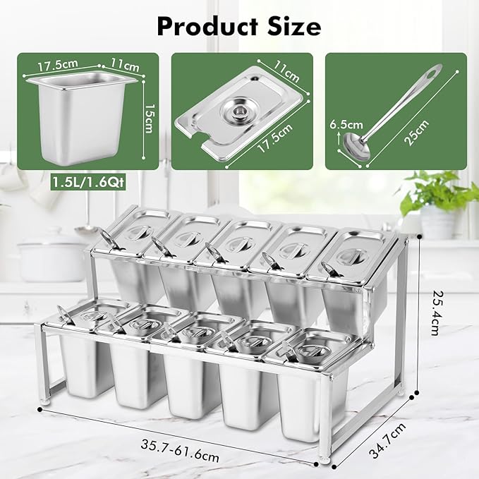 Meticuloso Expandable Spice Rack Stainless Steel Organizer Shelf for Sauce Ingredients Fruits, for Kitchen Pantry Use,10 Spoons,10 Lids&10 Buckets