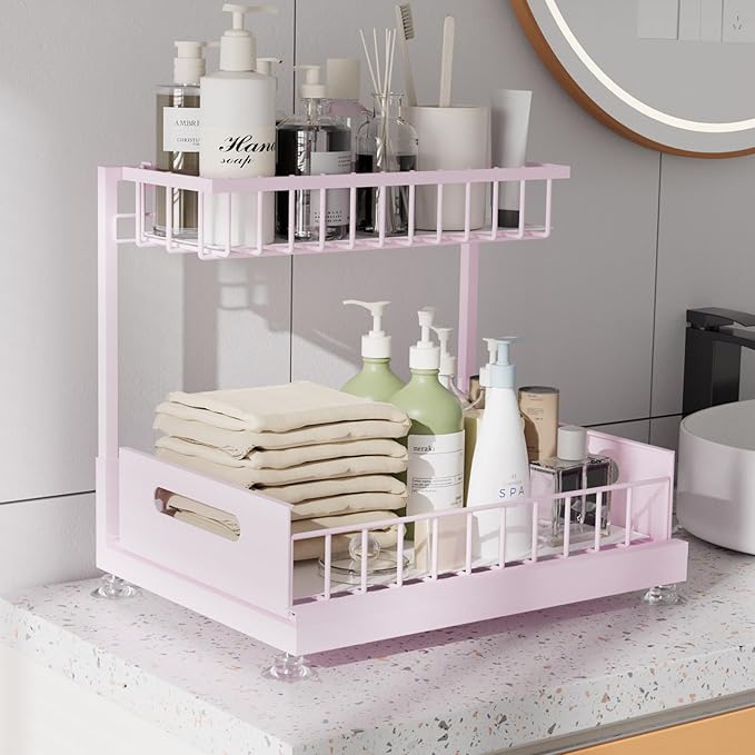 2 Pack Under Sink Organizer Storage 2-Tier Premium Metal Pull-Out Racks, Height Adjustable, Easy Installation | Kitchen & Bathroom Organizers