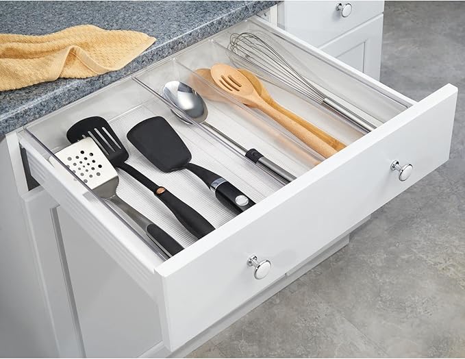 mDesign Plastic Adjustable/Expandable Divided Drawer Storage Organizer with 4 Compartments for Kitchen Pantry, Cupboard, Cabinet, Hold Silverware, Utensils, Cutlery - Ligne Collection - Clear