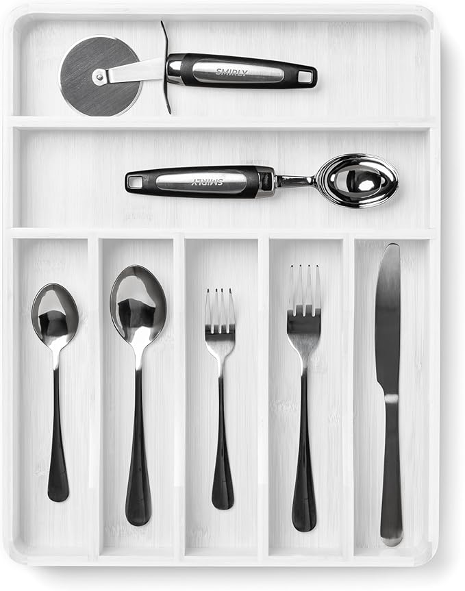 SMIRLY Silverware Drawer Organizer – Bamboo Kitchen Drawer Organizer, Adjustable Utensil Holder and Cutlery Tray, Drawer Dividers for Flatware and Kitchen Utensils
