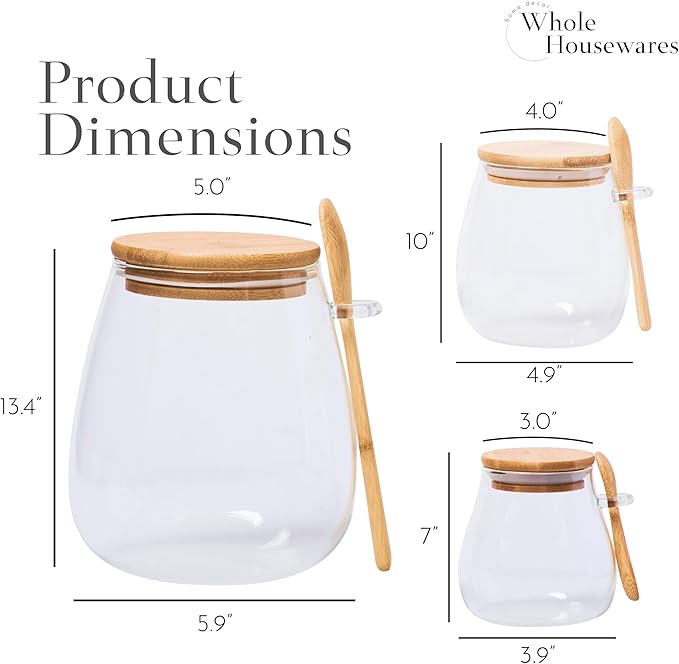 WHOLE HOUSEWARES Glass Jar with Bamboo Lid and Spoon Set of 3-11.83oz, 20.28oz, 33.81oz Capacity - Airtight Food Storage Jars, Apothecary Jars, Cookie Jar - Ideal for Elegant Kitchen Organization