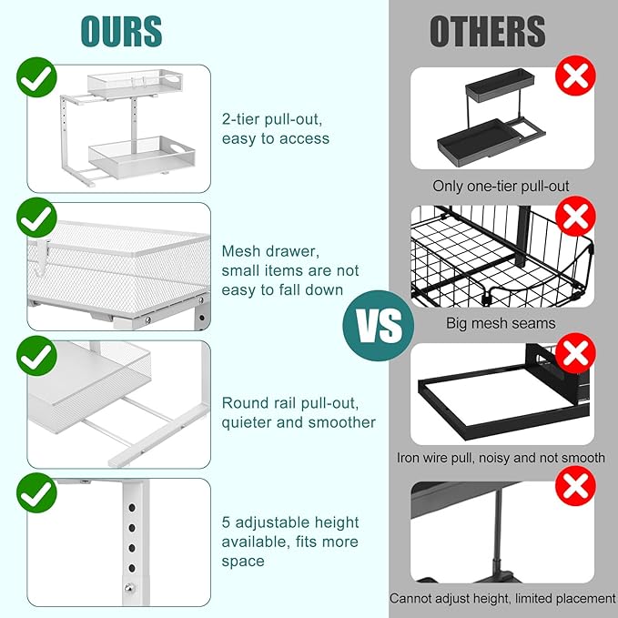 2 Pack Large Under Sink Organizer, 2 Tier Metal Pull Out Under Sink Storage with Sliding Mesh Drawers, Height Adjustable Slide Out Under Cabinet Organizer for Kitchen Bathroom, White