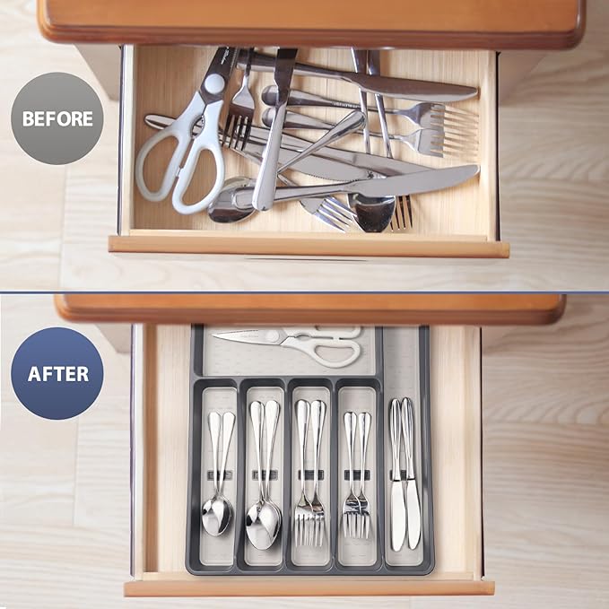 Silverware Organizer with Cutlery Icons,Silverware Tray for Kitchen Drawer,Plastic Flatware Tableware Cultery Drawer Organizer Utensil Organizer with Non-slip TPR Linings,6-Compartment