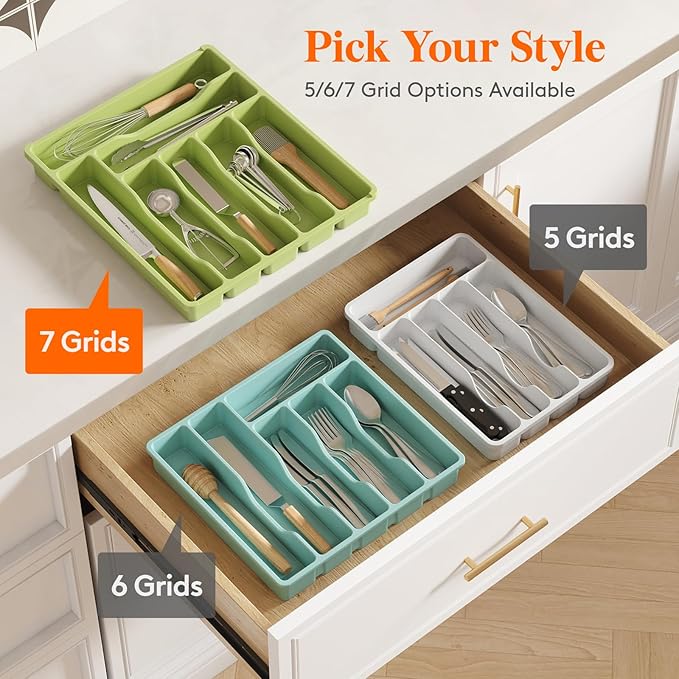 Lifewit Silverware Drawer Organizer Tray, Plastic Cutlery Storage for Kitchen Drawer, Flatware and Utensil Holder Divider for Spoons Forks Knives Tableware, 7 Compartment, Green
