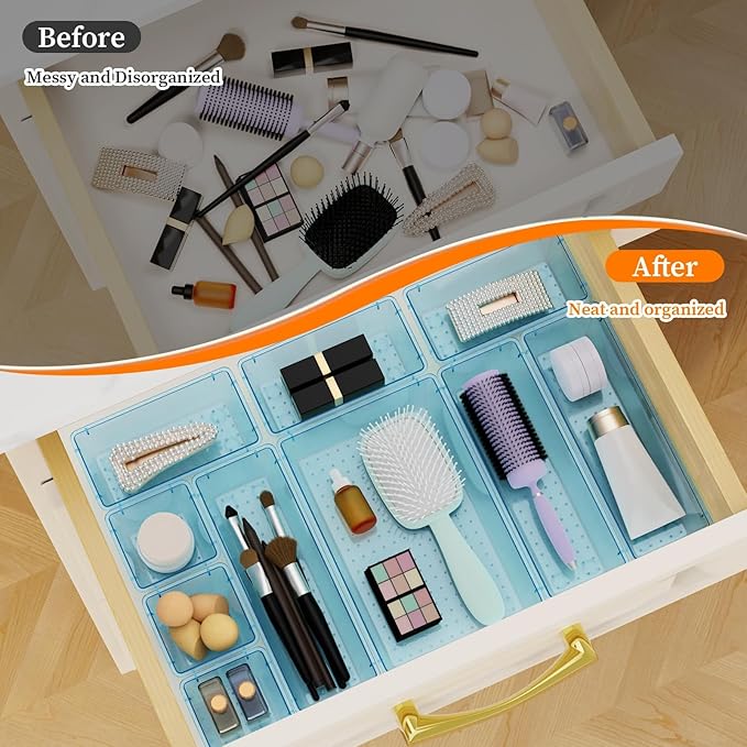 32 PCS Clear Plastic Drawer Organizer Set, 4-Size vanity organizer Trays and Storage Bins for Makeup, Jewelry and Gadgets in Bedroom, Bathroom and Office, Clear Sea Blue