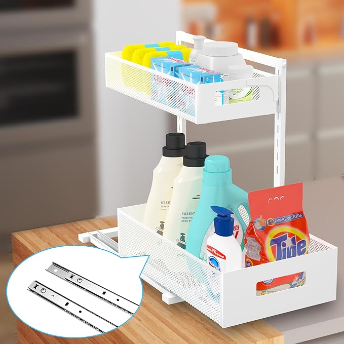 Pull-out Under Kitchen Sink Organizer, Metal Functional Under Sink Organizer, Height Adjustable Under Bathroom Sink Organizer, Under Sink Storage for Kitchen Bathroom Cabinet (White)