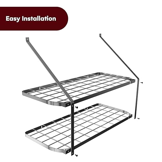 Vdomus Hanging Pot and Pan Rack, 13.7" Dx29.5 Wx10.6 H - 2-Tier Wall Mounted Kitchen Shelves - Heavy-Duty Cast Iron Cookware and Utensils Storage - Tiered Multipurpose Organizer with Moveable Hooks