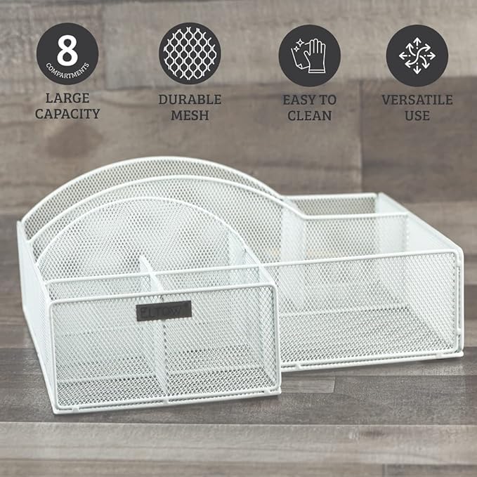 ELTOW Paper Plate Organizer for Countertop, 8 Compartment Breakroom Organizer, Utensil Caddy for Parties, Holds Plates, Silverware, Cups, Napkins, Cutlery Caddy Great for Home, RV - White