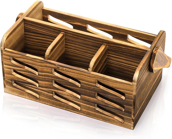 Silverware Caddy with Handle, Wooden Flatware Utensil Holder for Party, 4 Compartment Cutlery Organizer Napkin Storage for Countertop, Kitchen Bathroom Bedroom Decor, Camping Picnic