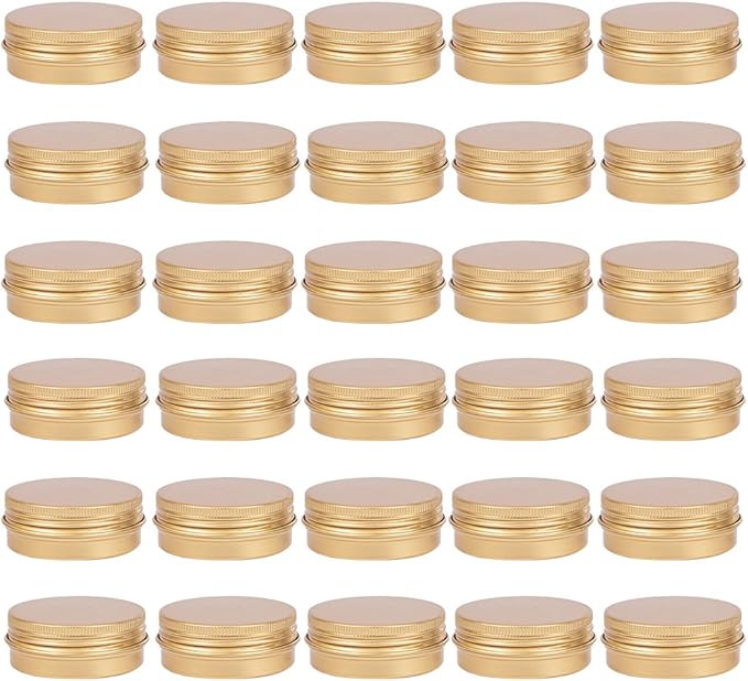 BENECREAT 30 Pack 1 OZ Round Tin Cans Screw Top Aluminum Cans with Lids for Lip Balm, Scrubs, Spices, Candies, Tea and Other Gift Giving (Gold)