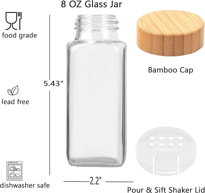 SWOMMOLY 24 Pcs Glass Jars with Labels, 8 oz Spice Bottles with Bamboo Lids, Empty Shaker Containers with 366 White Labels, Chalk Marker, Funnel Set