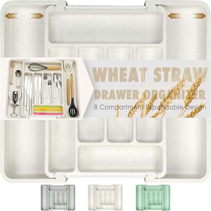 FANCILLA Silverware Organizer for Kitchen Drawers, Wheat Straw Large Expandable Utensil Drawer Organizer, BPA Free Adjustable Cutlery Holder, Dishwasher Safe Flatware Tray, 6-8 Slots (White)