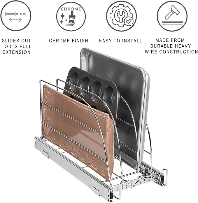 HOLDN’ STORAGE Pull Out Organizer for Cookie Sheet, Cutting Board, Bakeware, and Tray, Sliding Rack- Heavy Duty - Lifetime Limited Warranty - for Under Sink/Under Cabinet, 8.5”W x 21”D x 11”H, Chrome