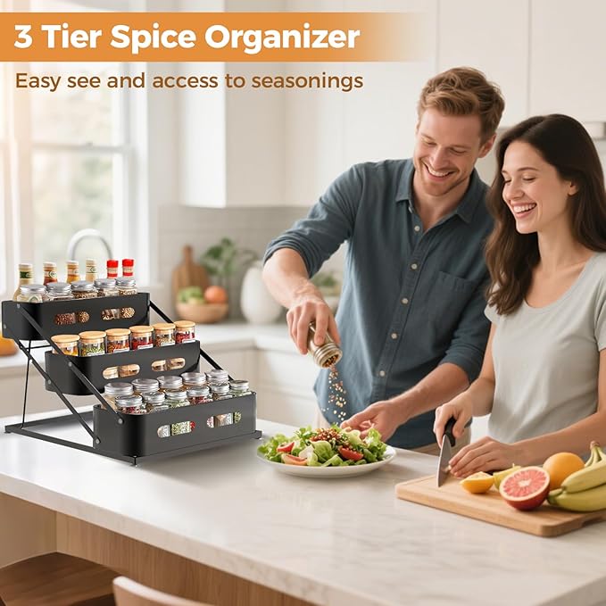 Airpro Spice Rack, 3 Tier Spice Rack Organizer for Cabinet, Seasoning Organizer for Countertop, Kitchen, Pantry, Cupboard, Sturdy Spice Organizer with Protection Railing, No Installation, Black